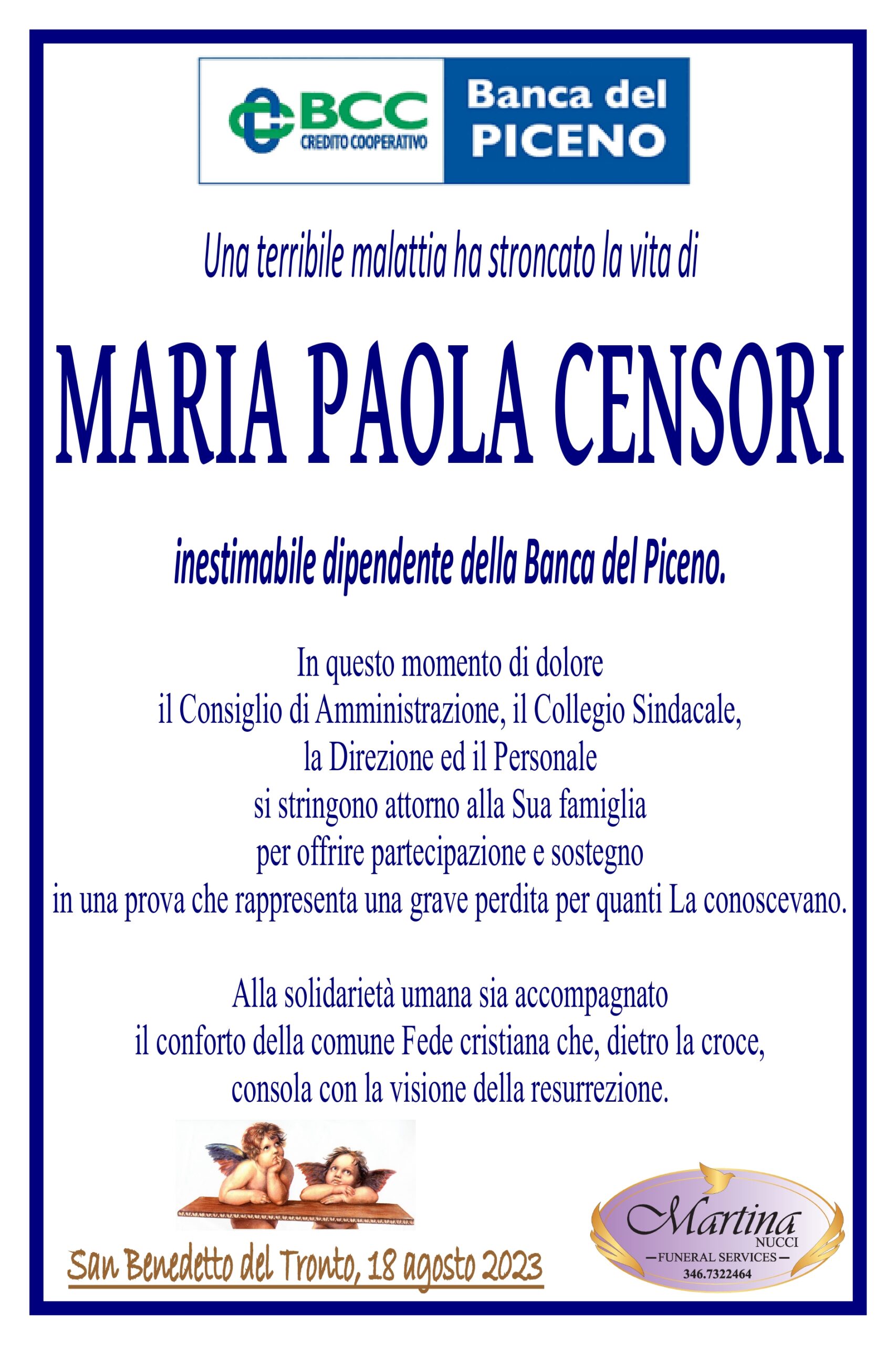 Partecipazone Per La Scomparsa Di Maria Paola Censori Riviera Oggi